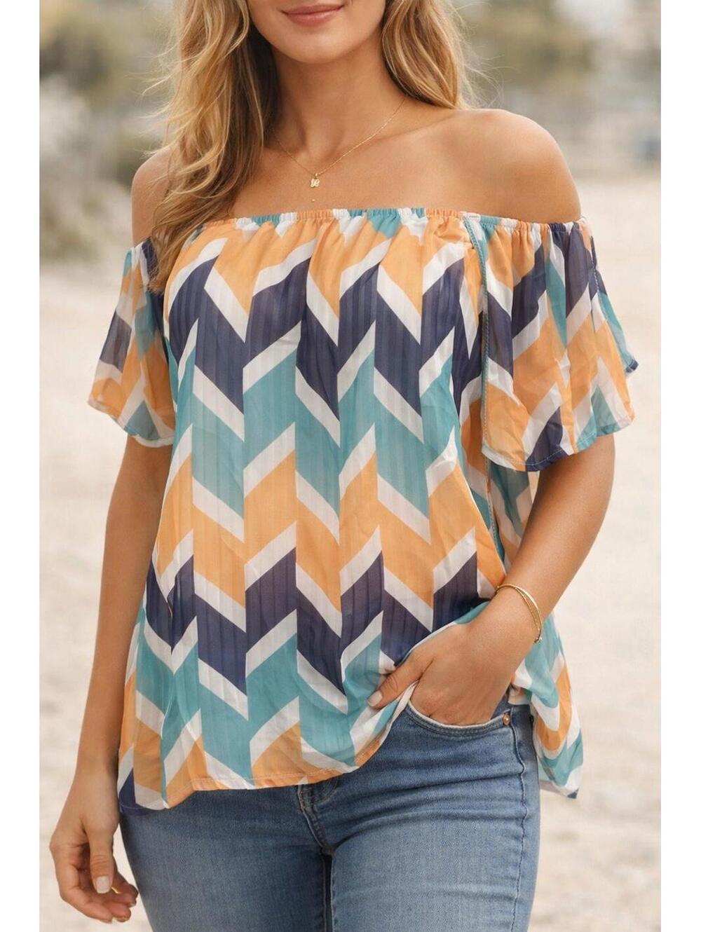 MTS Off Shoulder Blouse L Chevron Stripe Orange Teal Blue Flowy Top NWOT A15